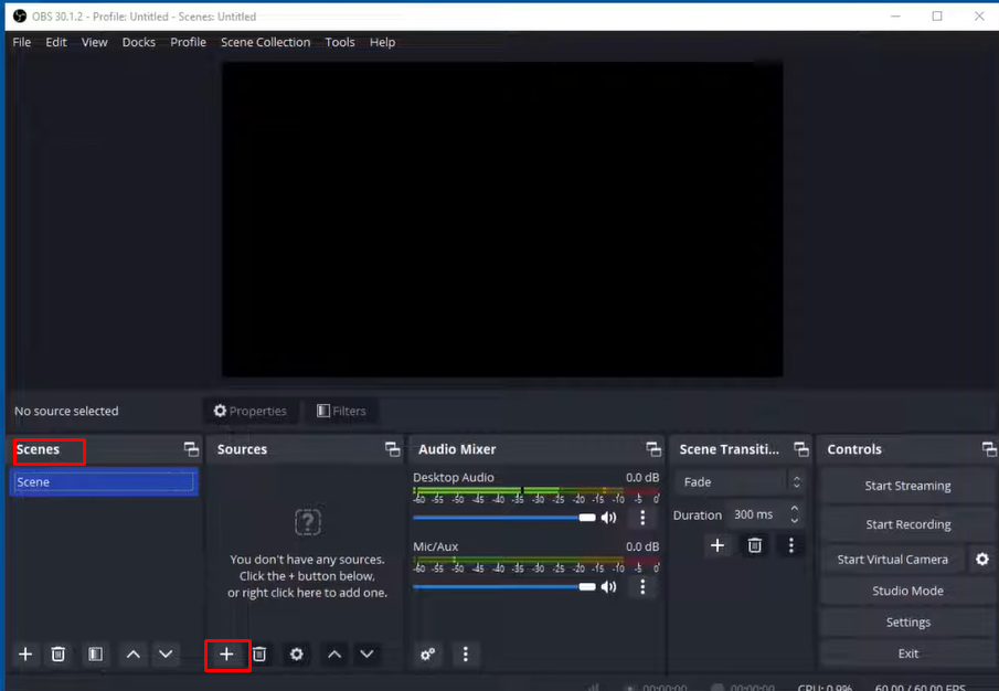 Configuración de la escena en el grabador de pantalla OBS de forma gratuita