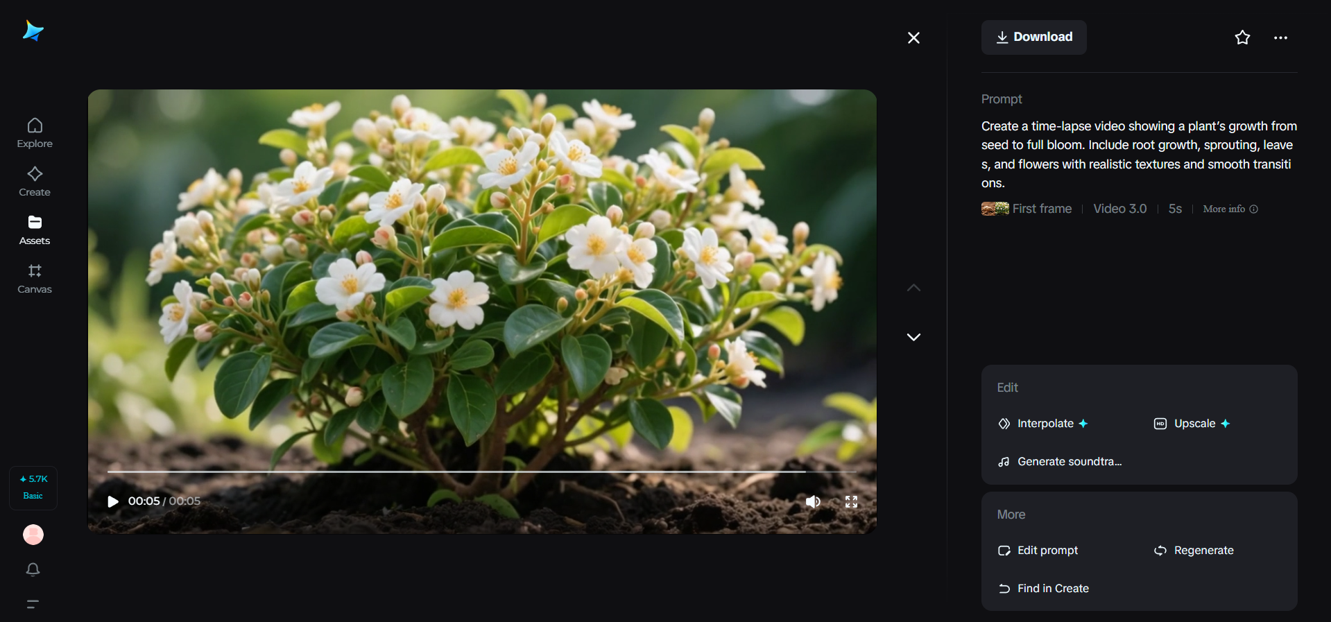 Time-lapse videos of plant growing in Dreamina