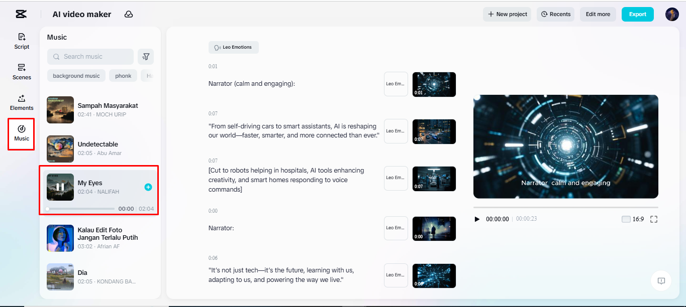 Adding background music in the video using CapCut's AI video maker