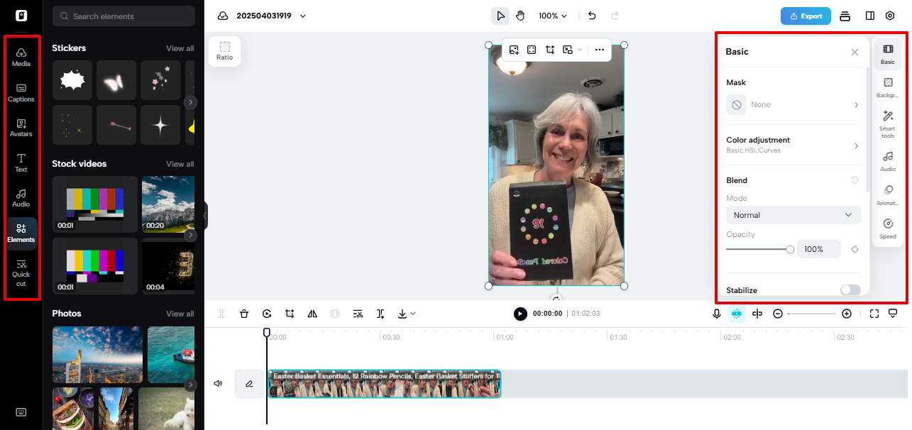 Interface ng pag-edit ng Pippit
