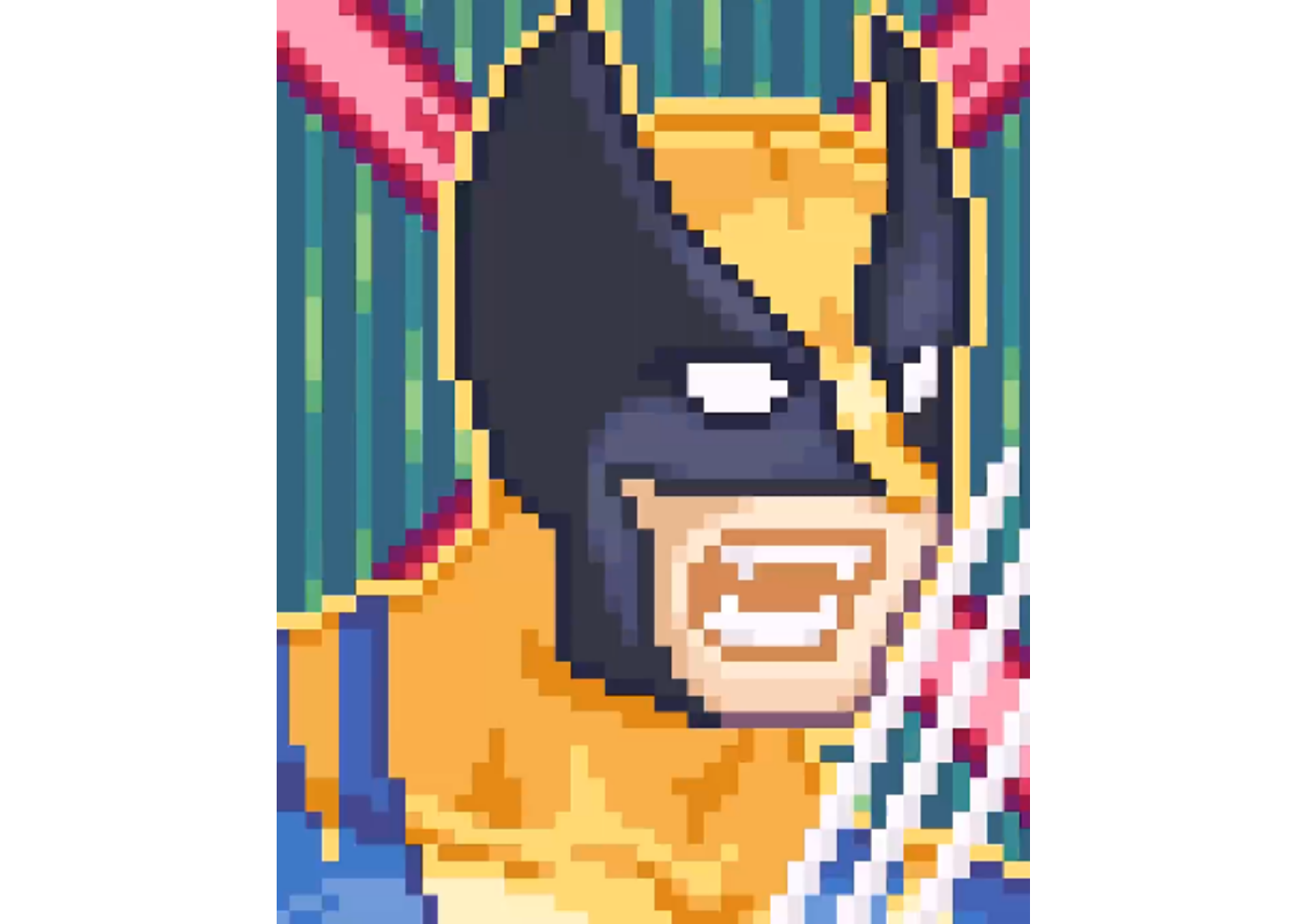 Pixel art of Wolverine in yellow suit with claws