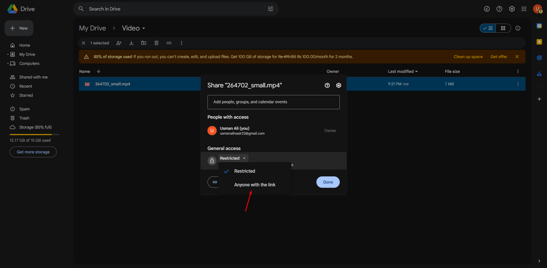 Changing the share settings of a video in Google Drive