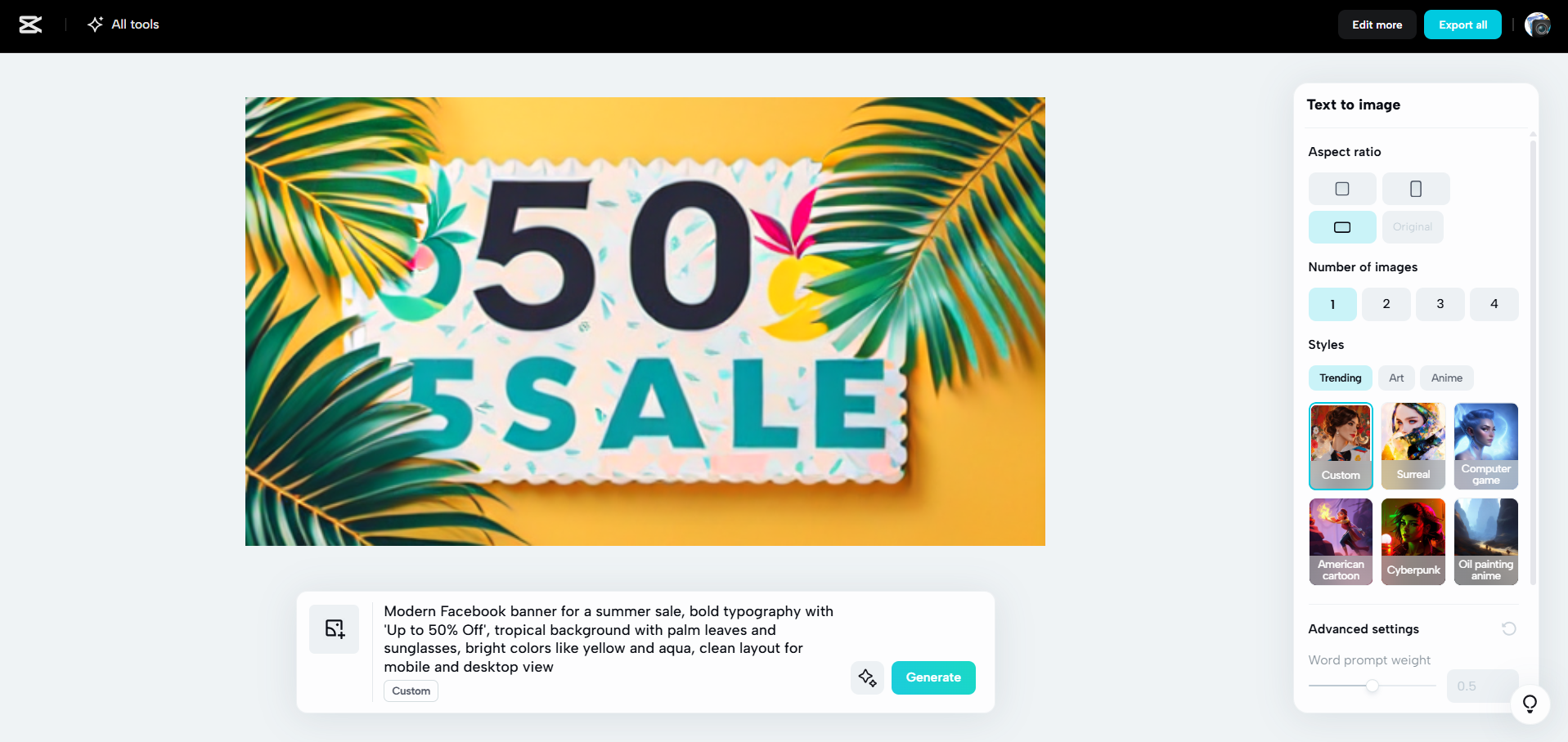 Interface of CapCut Web - an ideal tool for image generation