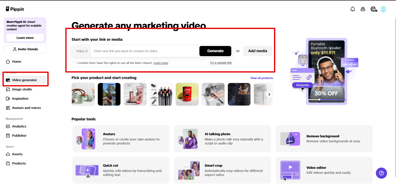 Accessing video generator in Pippit