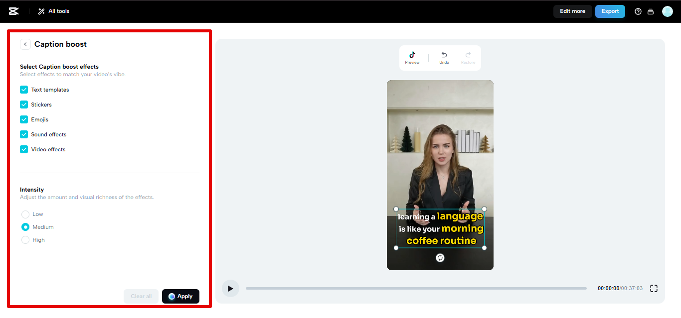 CapCut Web для улучшения субтитров