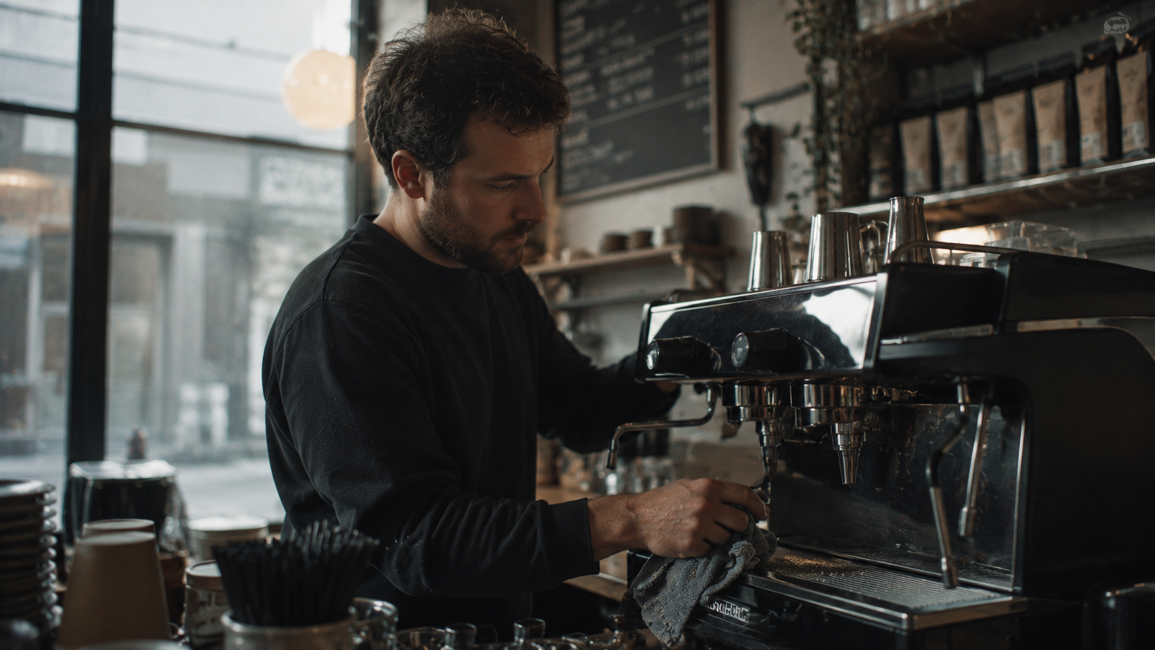 Barista wiping espresso machine