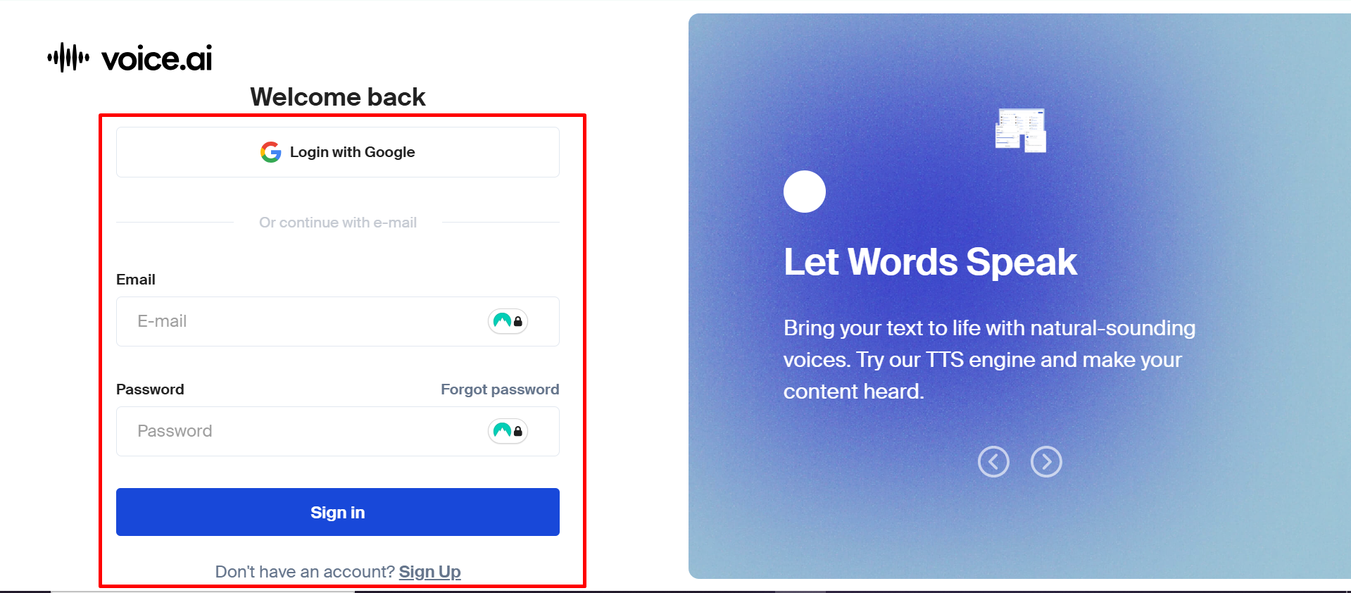 Přihlašování Voice.ai textu na řeč