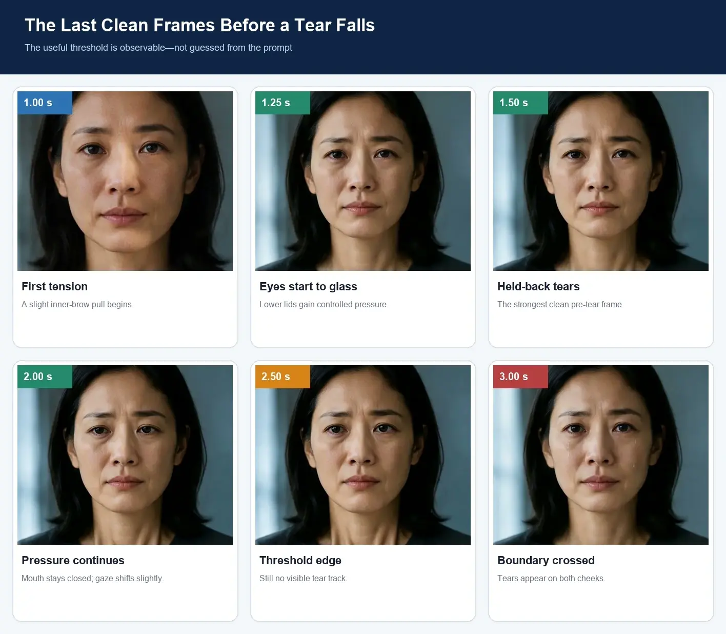 Grid of six face frames showing a woman's expression shifting from tense to tears.