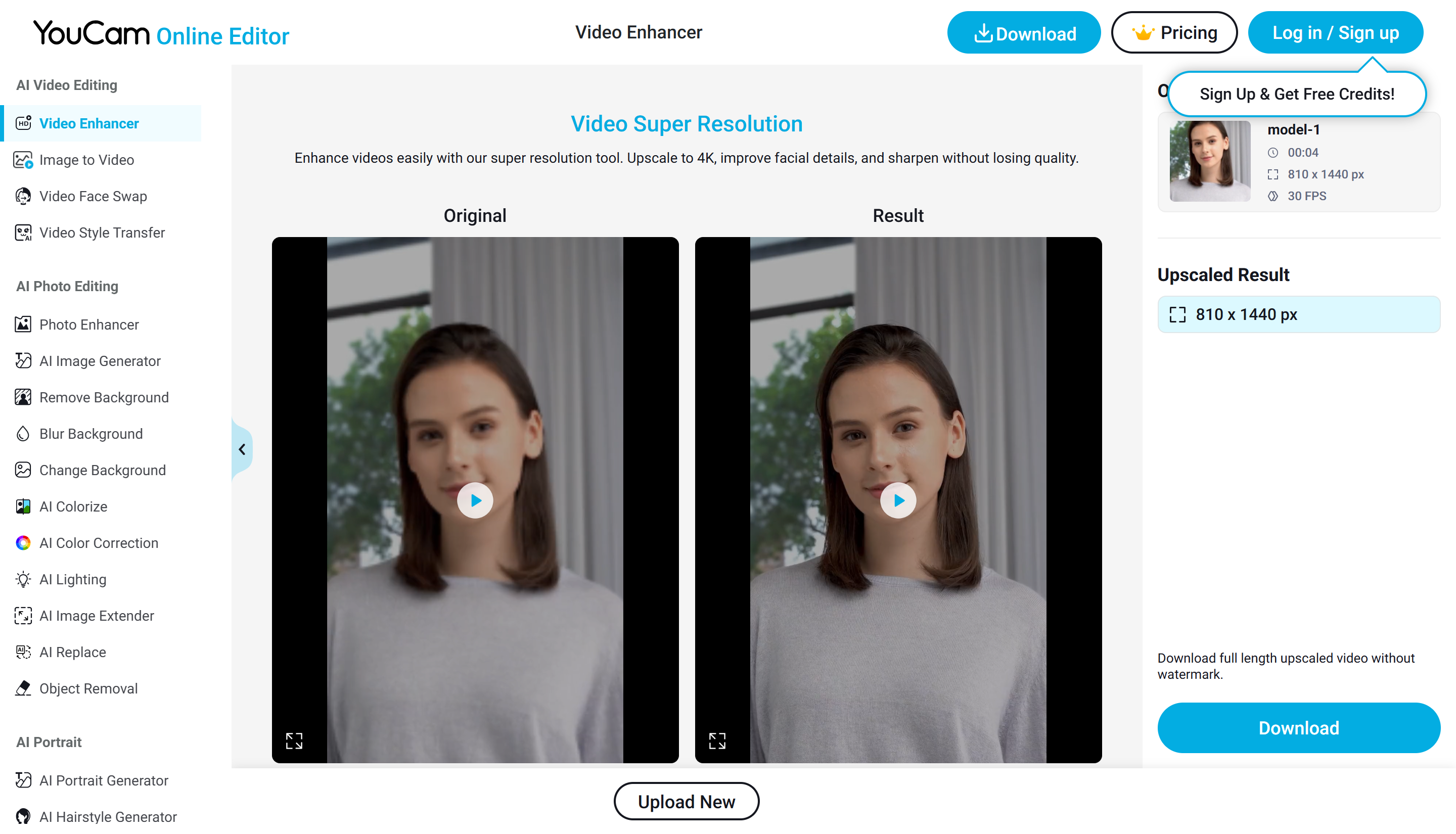 Interface of YouCam - a free online video upscaler