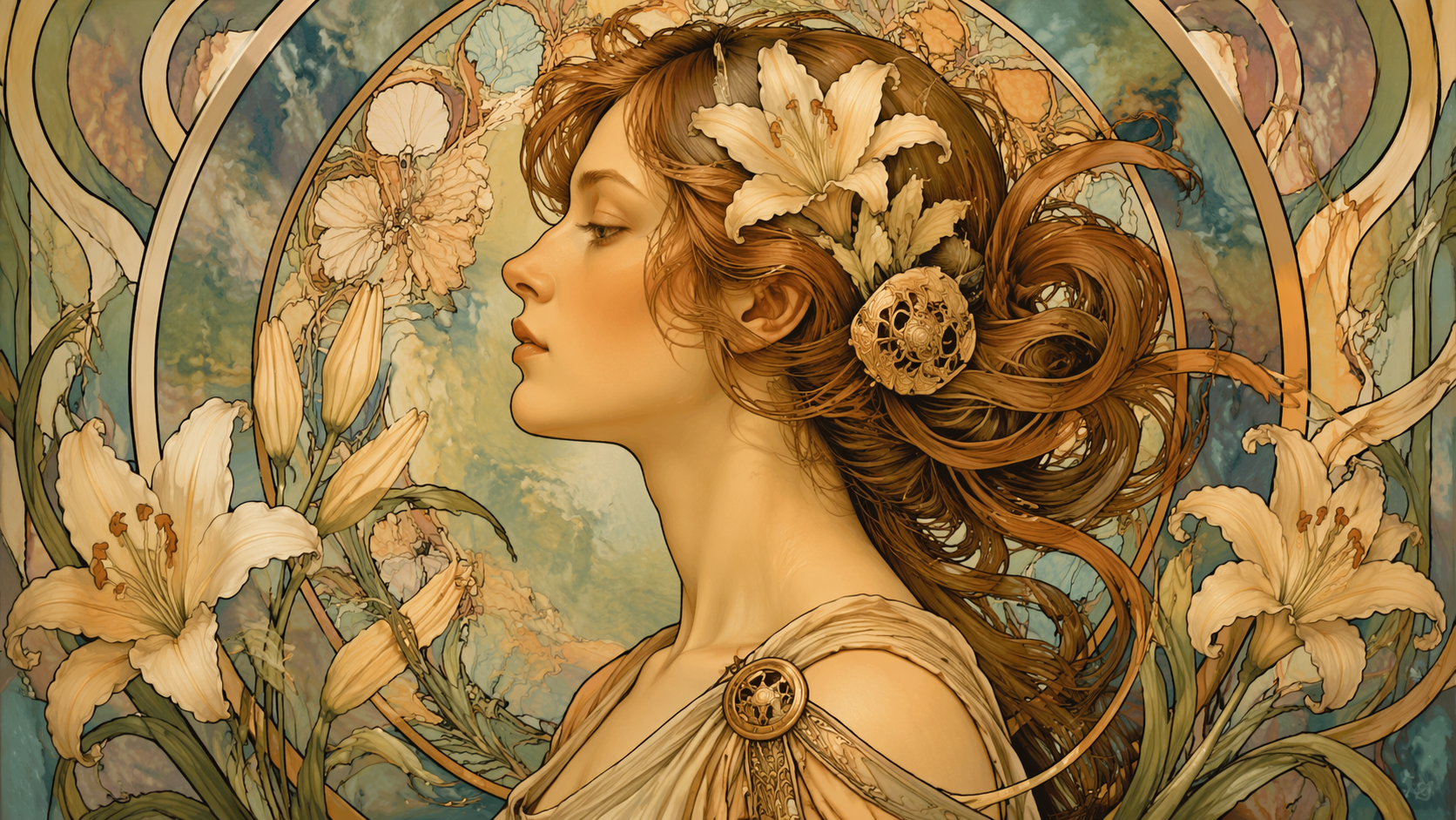 Dreamina Jugendstil Porträt Prompt Beispiel 2: Goldener Jugendstil Rahmen