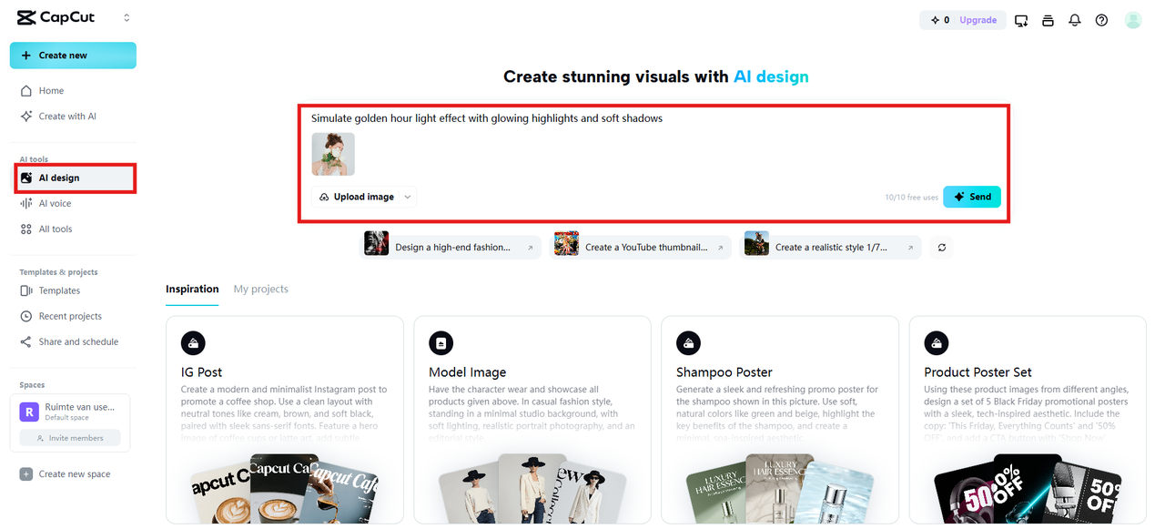 Fotoğraf yükleyin ve istediğiniz ışık efektine dair bir komut yazın