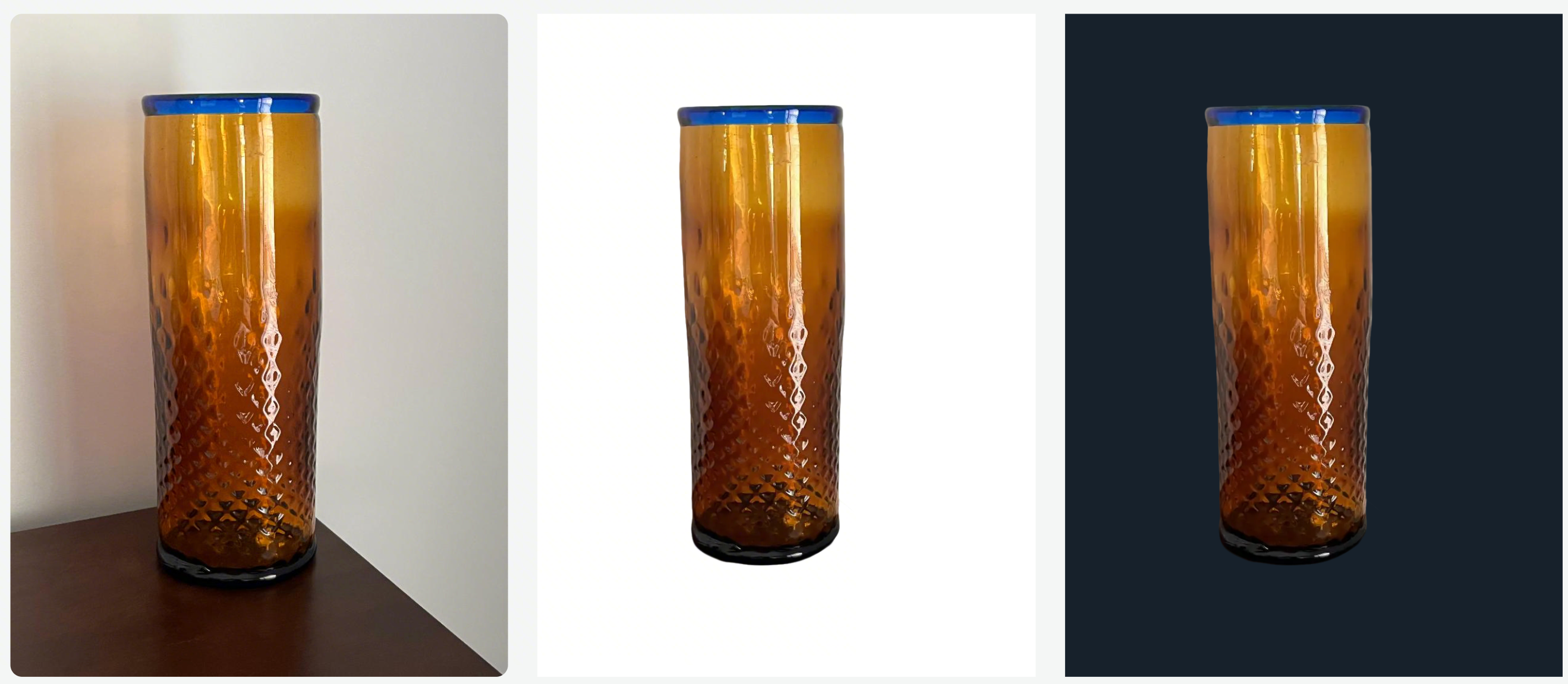 Photographie en verre originale, le PNG exporté sur blanc, avec la couleur et les détails de surface du vase conservés et le même PNG non retouché sur gris foncé. Le bord de table d'origine n'apparaît pas dans le composite.