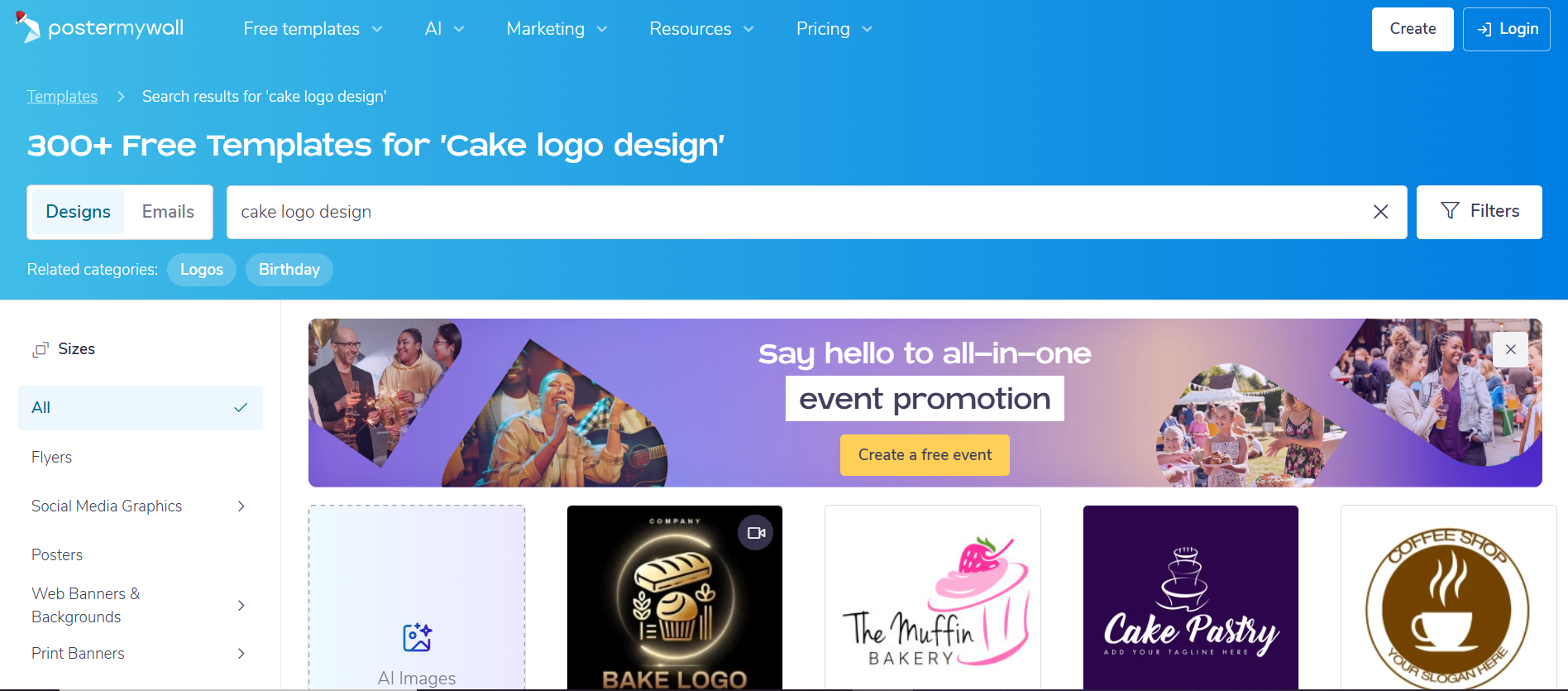 PosterMyWall - website to access birthday cake logo designs