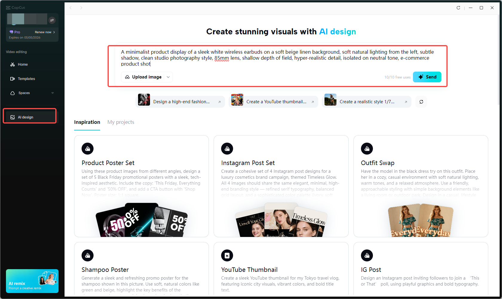 Accessing the AI design feature in CapCut