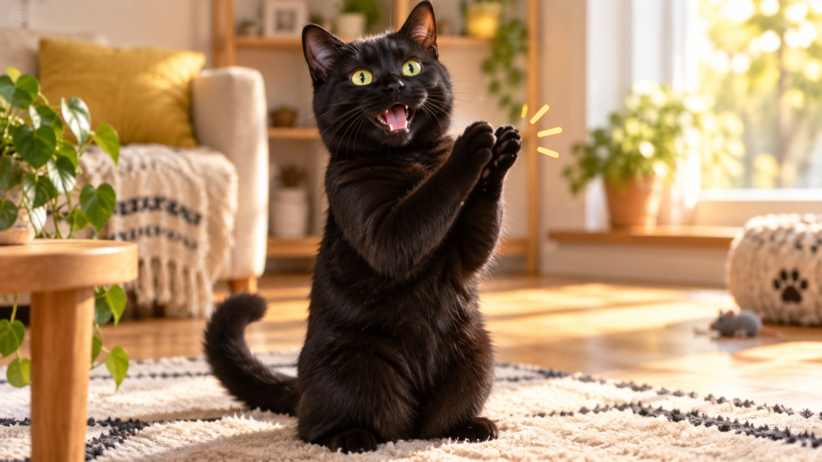 Social-Ready Black Cat Clapping AI Video Finish exemplu pentru pisica neagră aplaudând ai video
