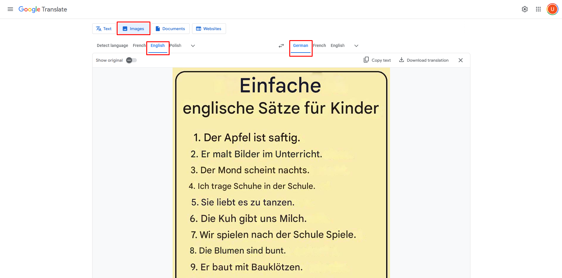 Showing how to do image translation of English to German