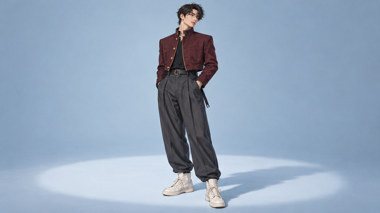 16:9 polished manga-inspired fashion illustration, original adult in burgundy cropped uniform-style jacket plain standing collar charcoal pleated trousers cream high-top shoes, full body three-quarter relaxed pose pale blue studio soft oval shadow, no badges text weapons or logos.