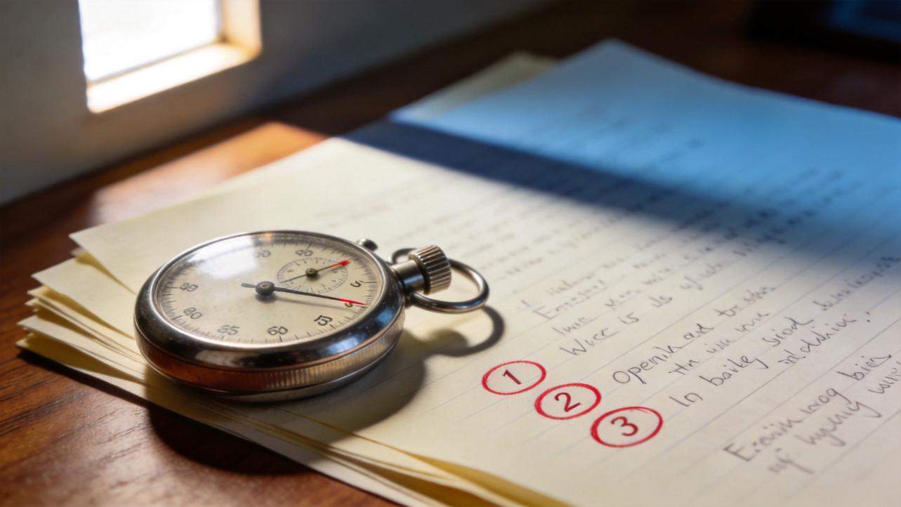 Stopwatch resting on handwritten notes with the numbers 1, 2, and 3 circled in red