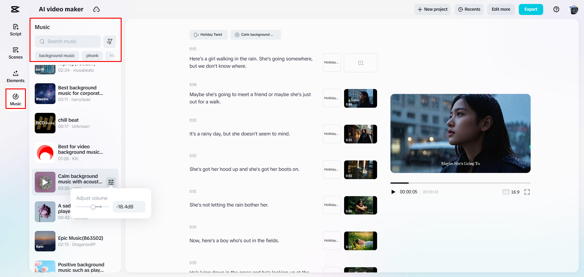 Adding a music track to a video in CapCut Web