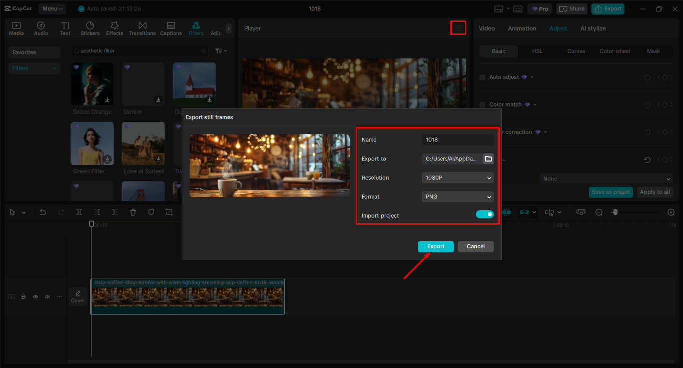 Exporting the media from the CapCut desktop video editor