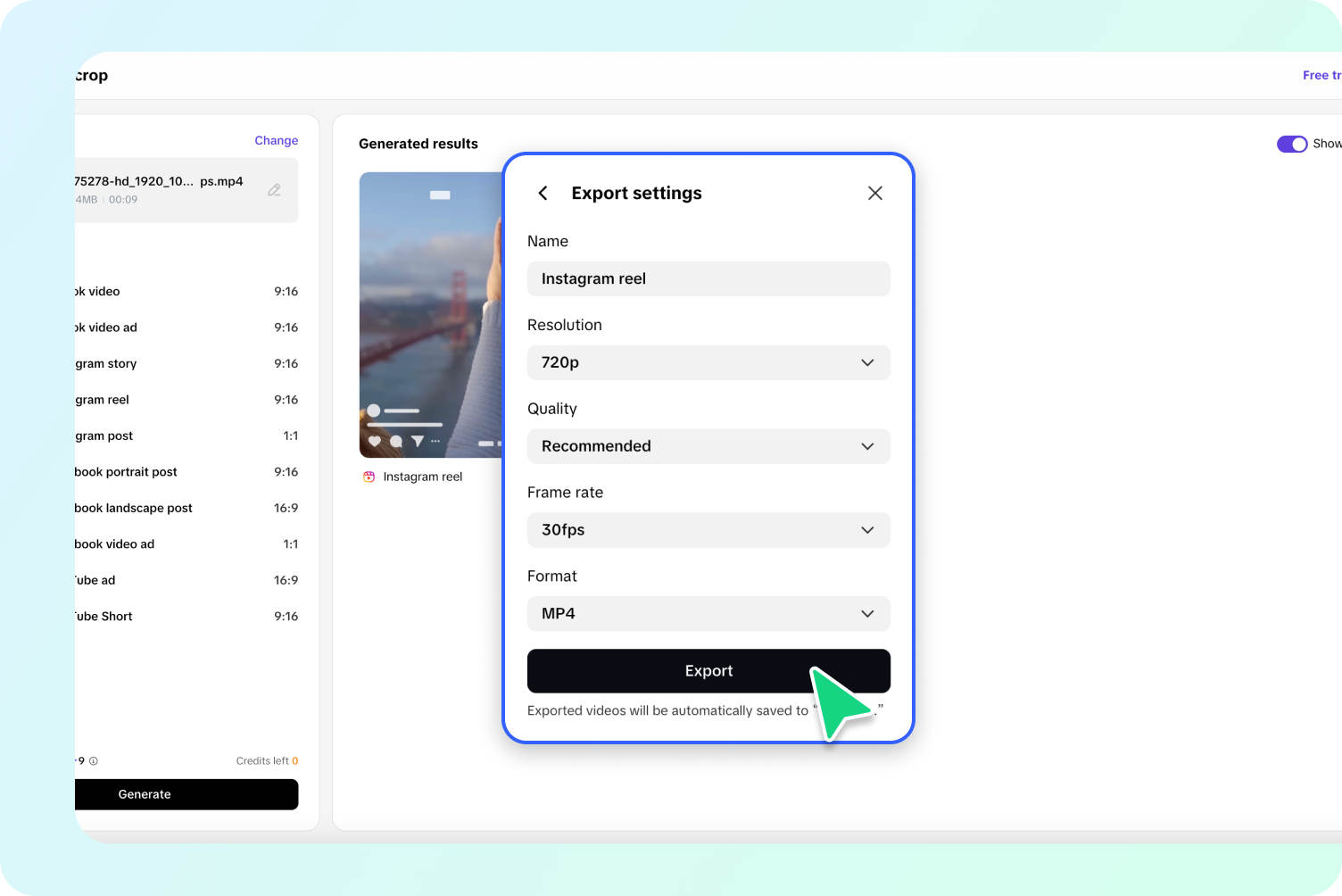 description=Pippit's export settings window, highlighting the dropdown menus for Resolution, Quality, and Format, with an estimated file size displayed.