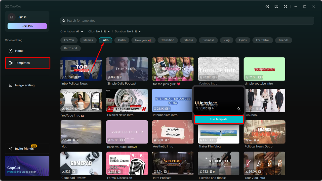 Accessing the video templates in CapCut desktop video editor