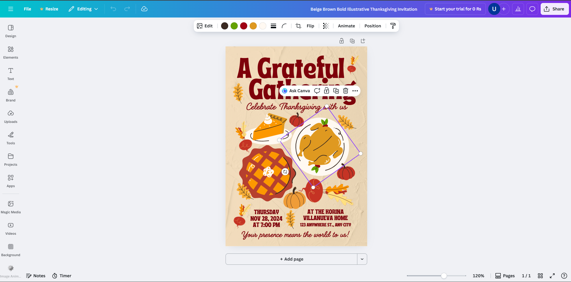 Interface of Canva - an online tool with diverse Thanksgiving invite templates