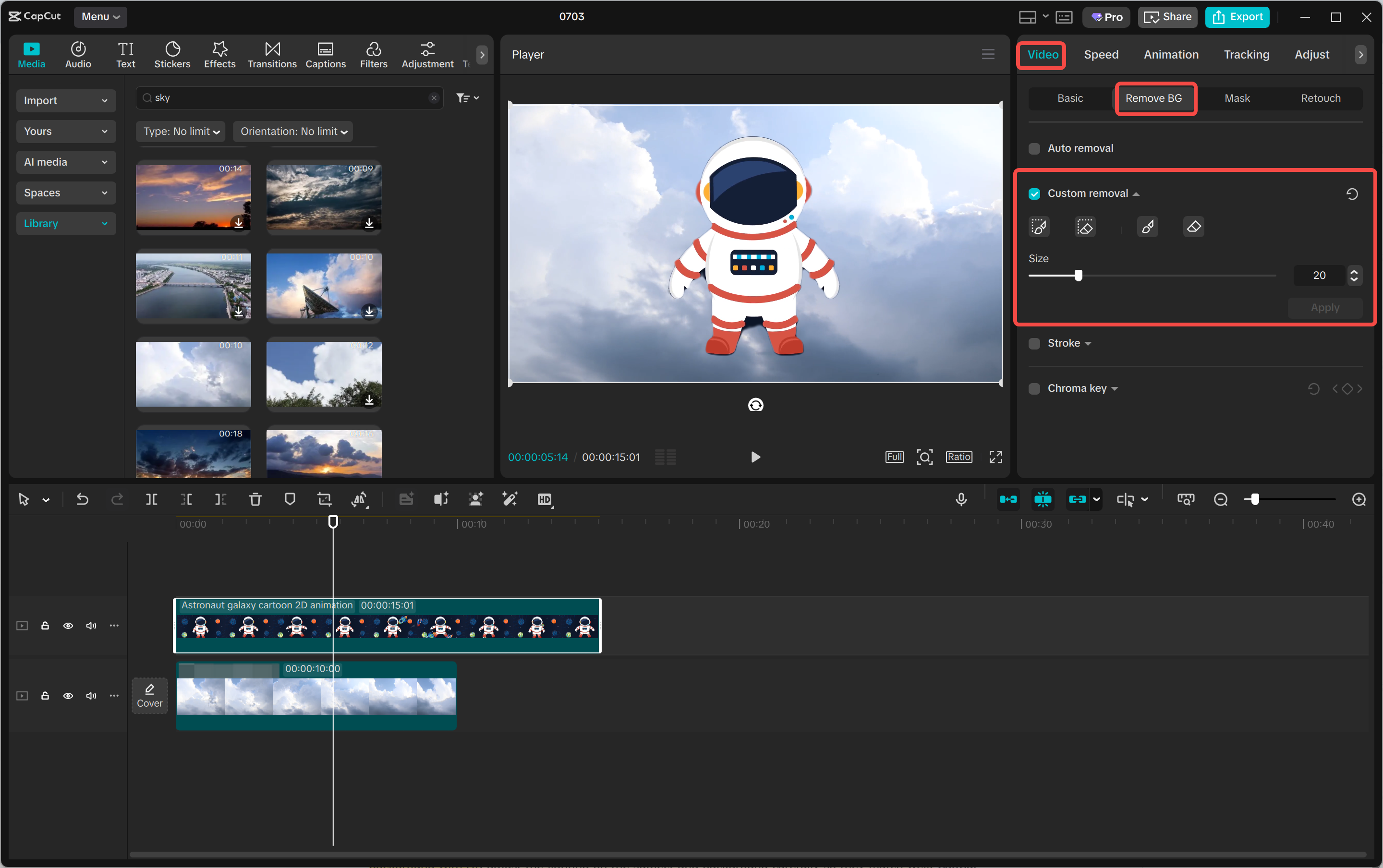 Using the auto-removal tool to remove the background in the CapCut desktop video editor