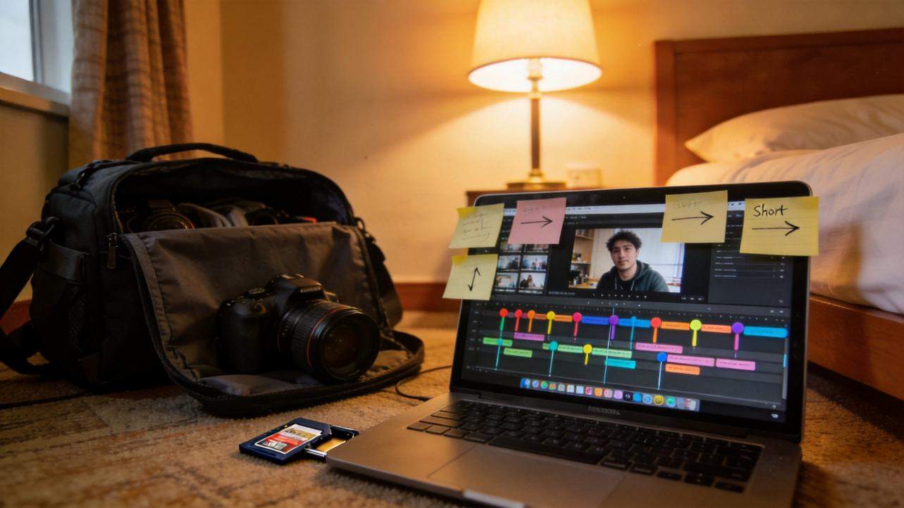 Laptop with video editor open beside camera bag and memory card on a hotel room floor