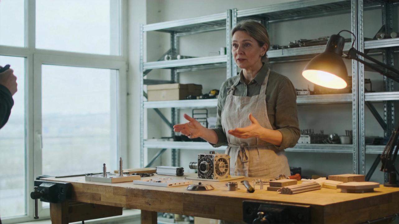 Woman in an apron speaks beside a workbench with tools and parts in a workshop