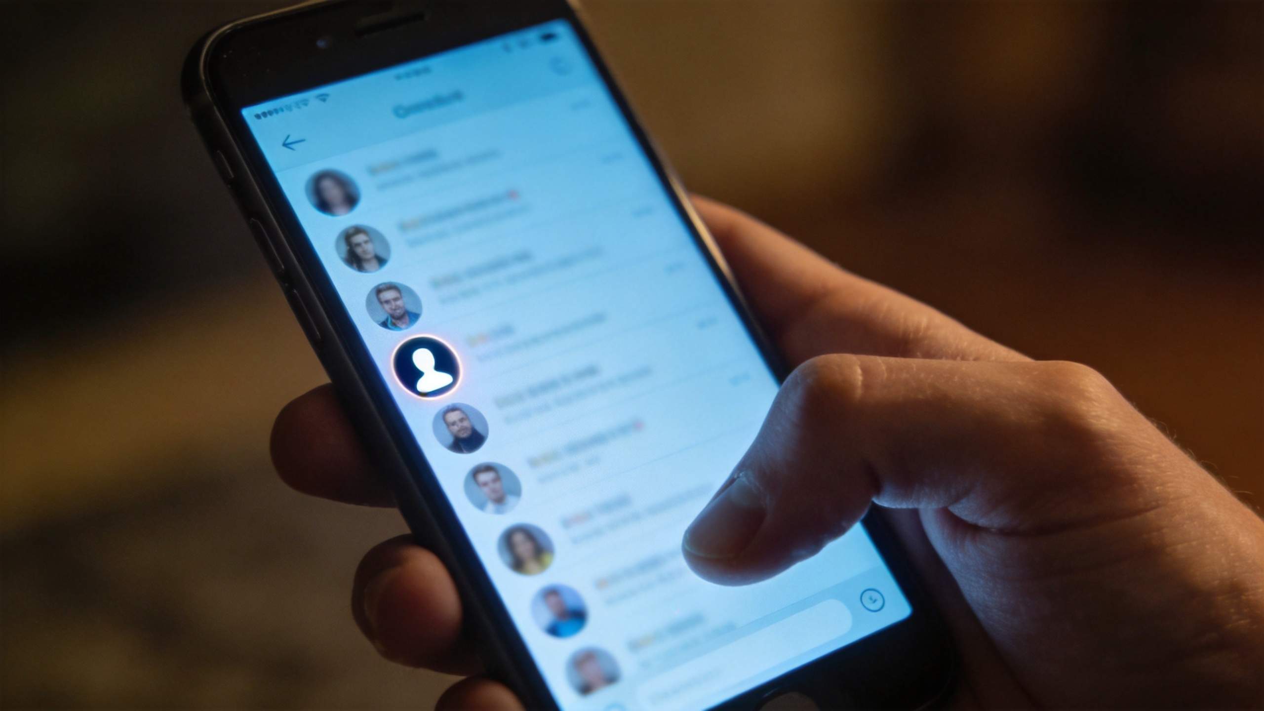 Hand holding a smartphone with a messaging app contact list and profile icons
