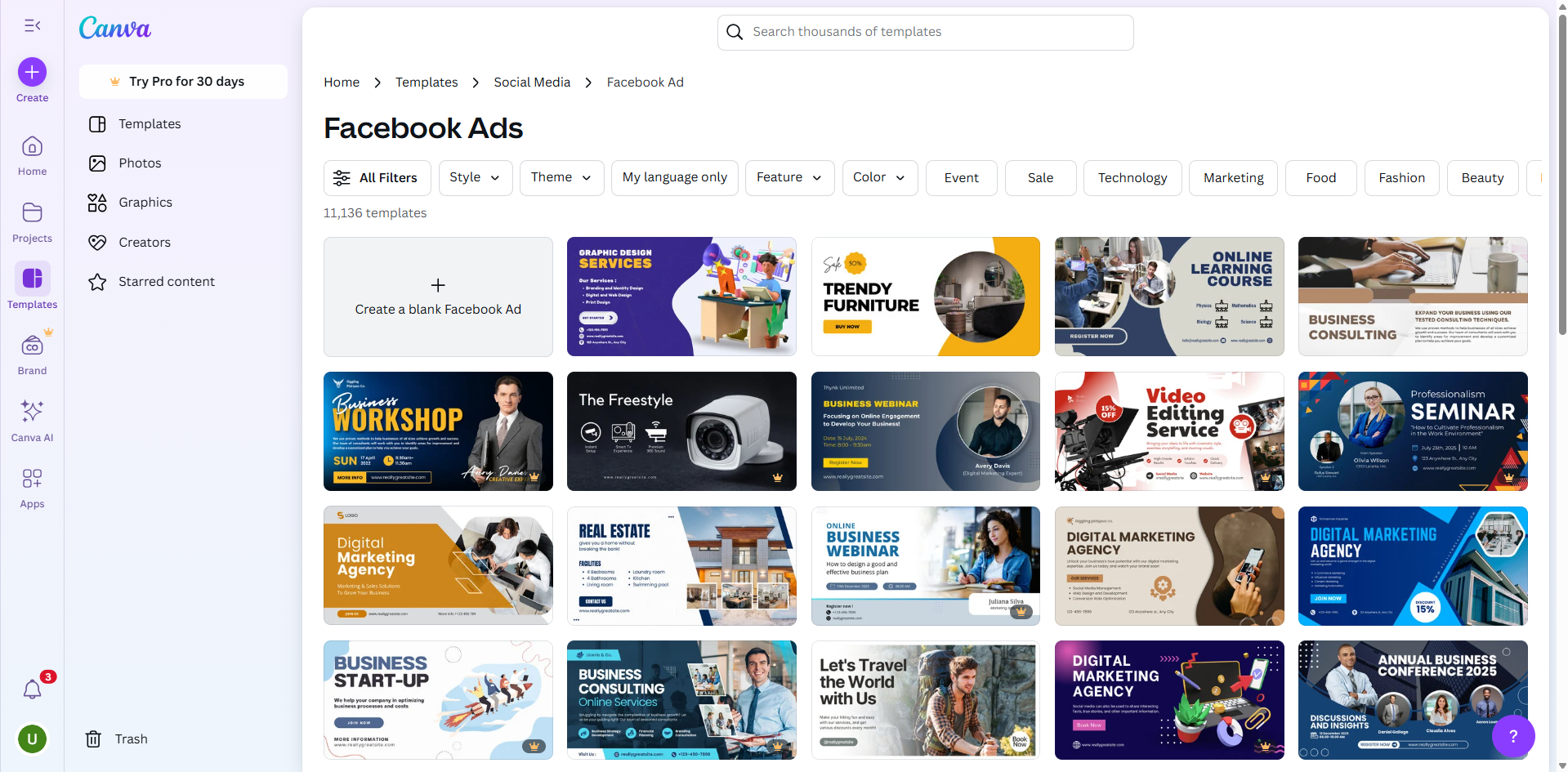 Interface of Canva - a valuable site to find and edit Facebook ad templates