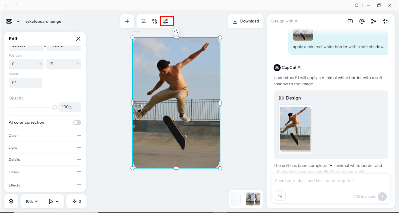 Using AI tools to edit an image in the CapCut desktop video editor