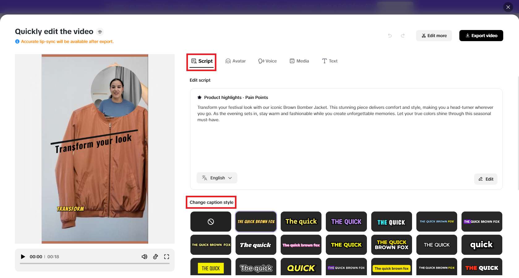 Mga naka-customize na ad script na may AI-generated na mga subtitle at caption