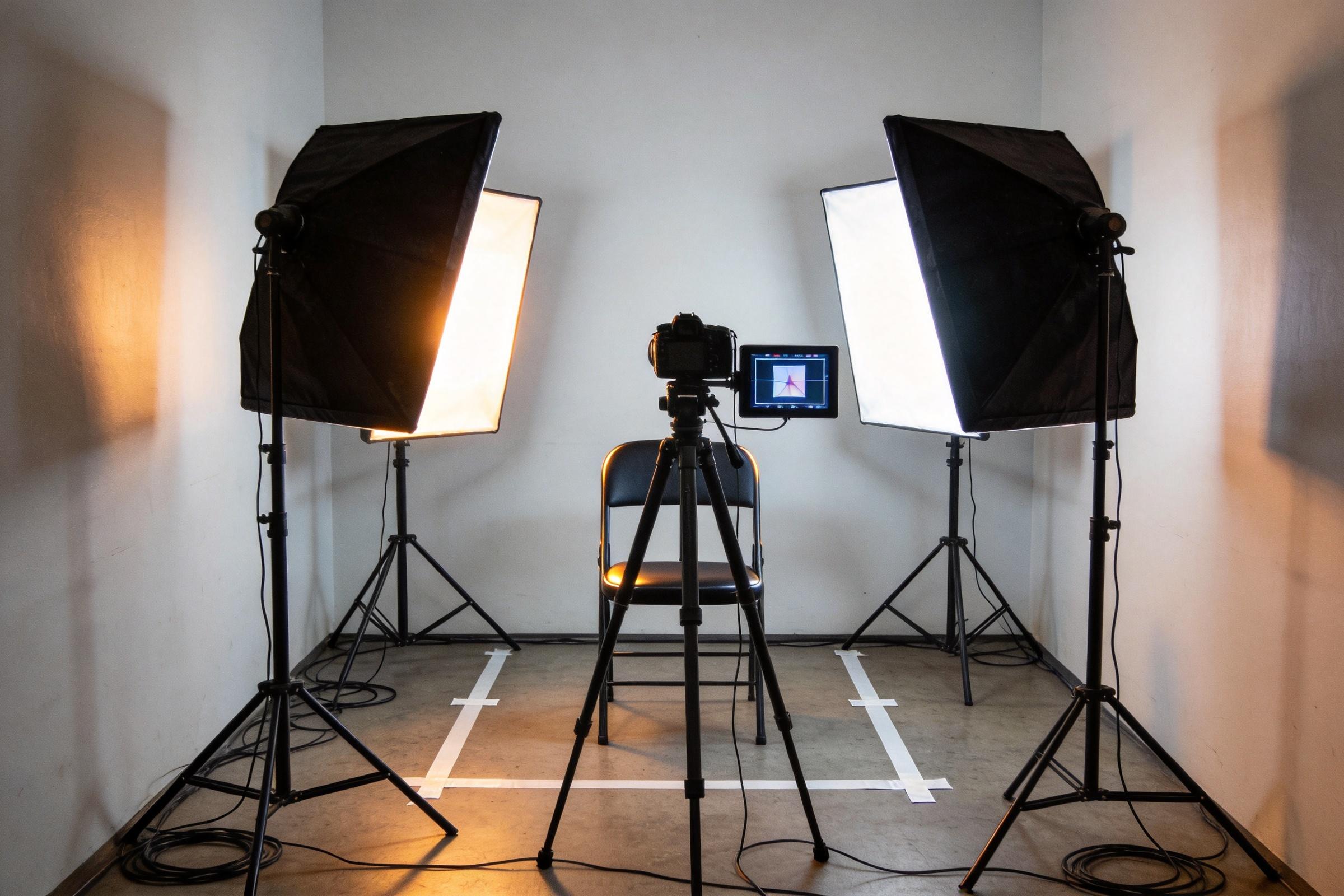 Three-point lighting setup with two softbox lights, a camera on a tripod, and a chair in a studio