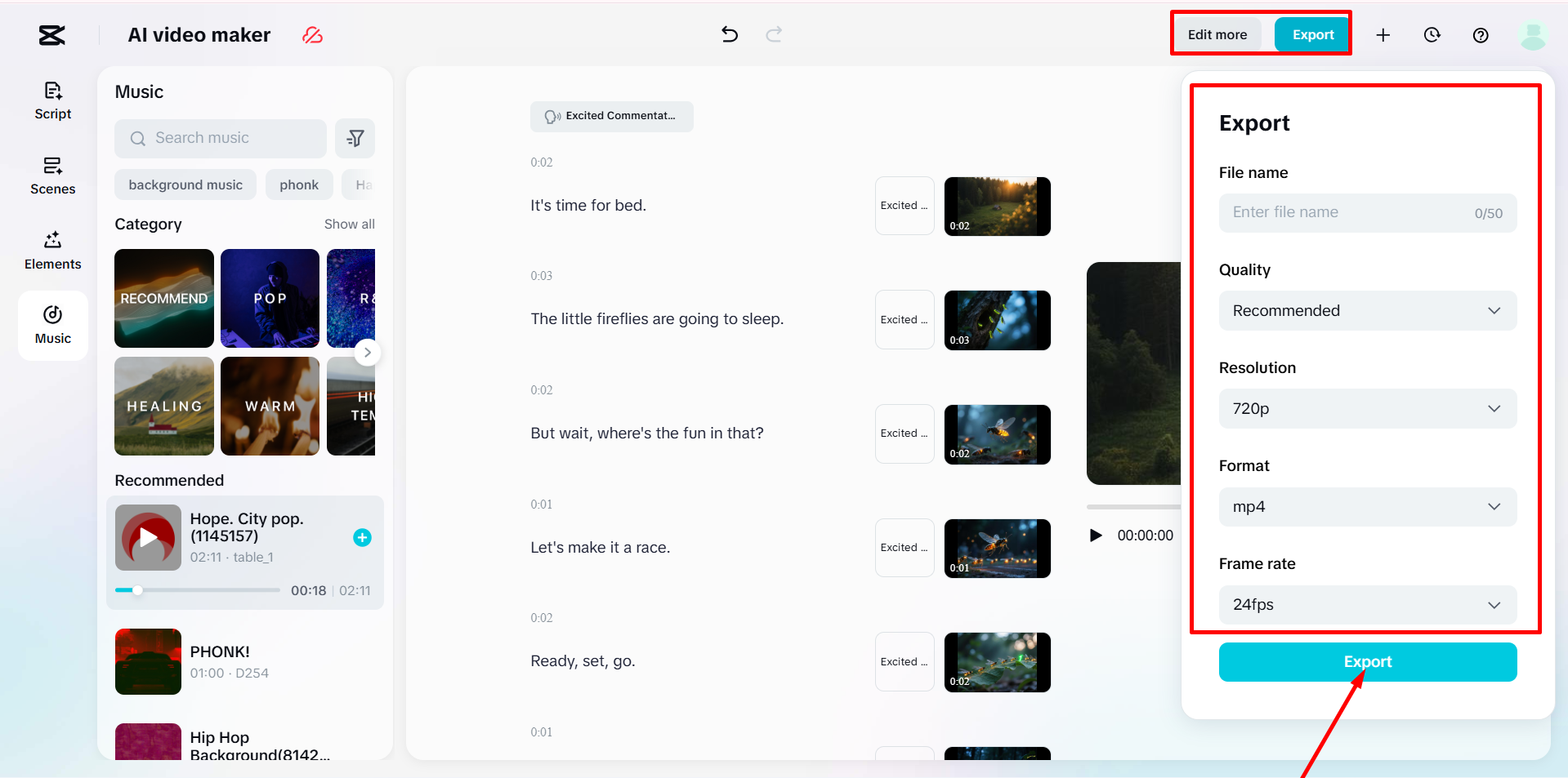Das Video aus dem KI-Videoersteller von CapCut Web exportieren