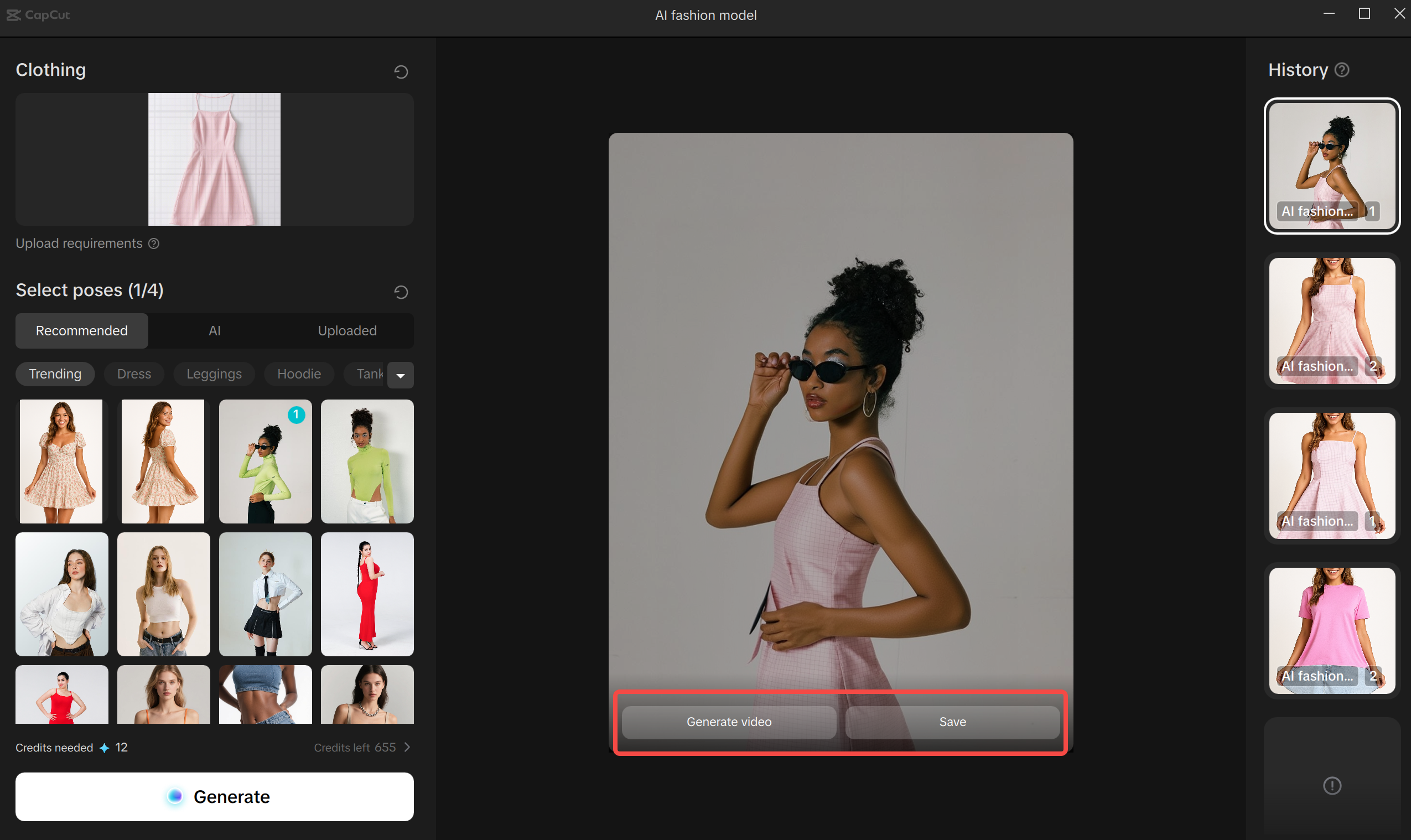 Saving the final image to the device from CapCut's AI fashion model tool