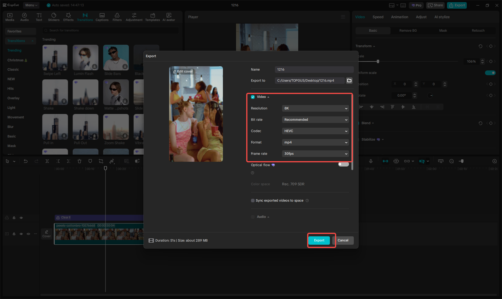 Export with the correct Reel settings