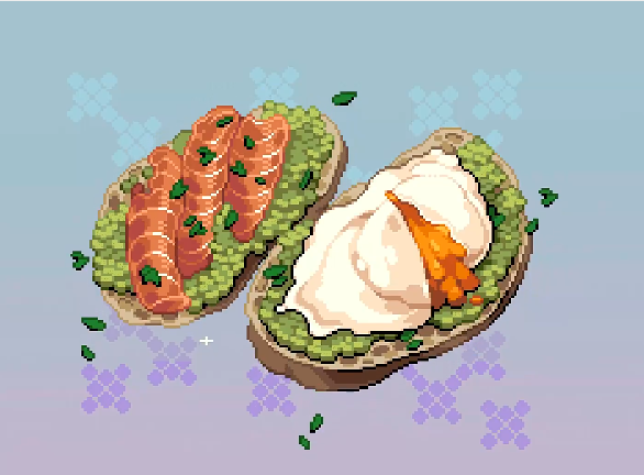 Pixel art of avocado toast with toppings
