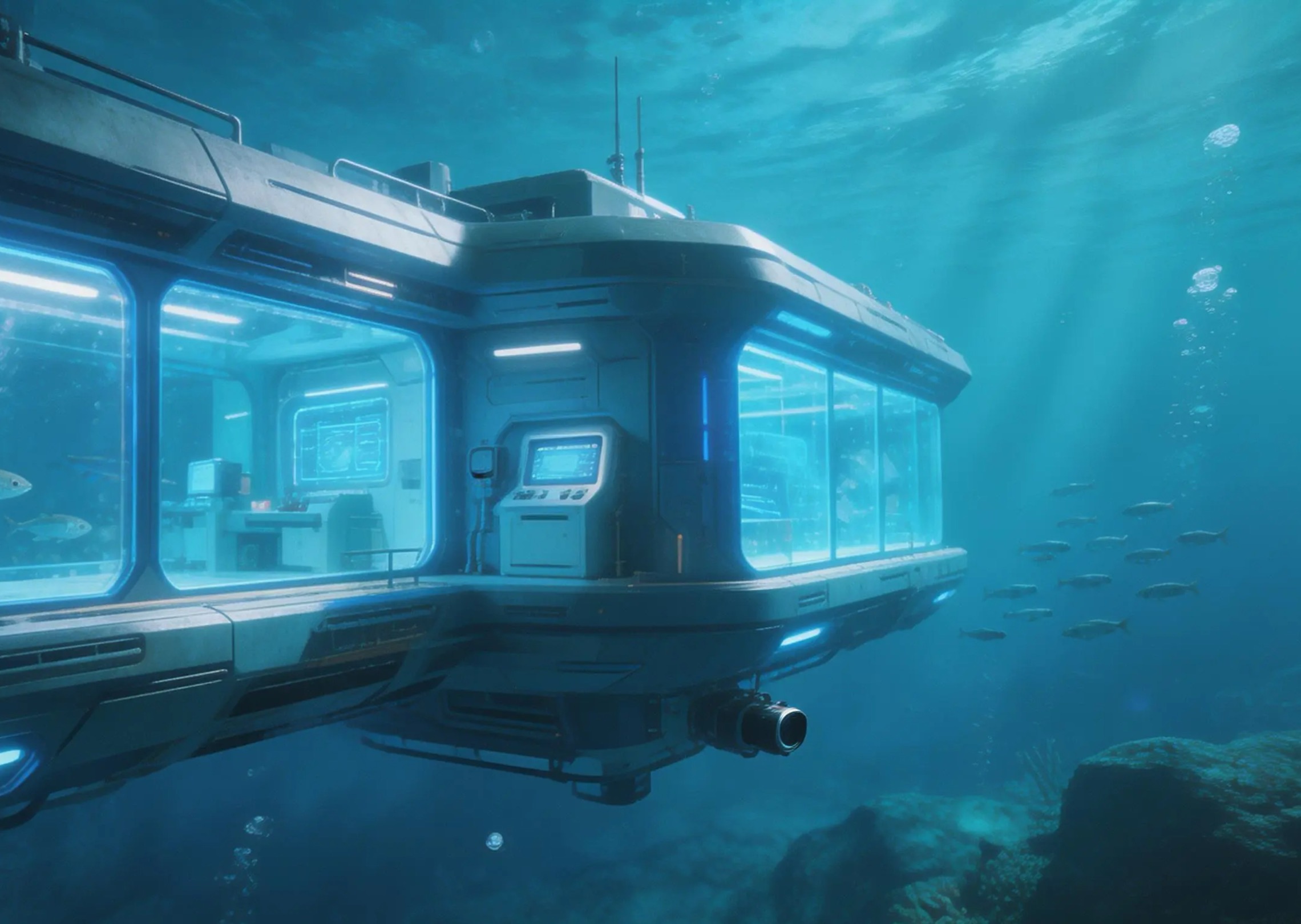A futuristic underwater research station, glowing blue panels, schools of fish swimming past glass walls, soft caustic lighting, floating camera movement, realistic water particles, immersive sci-fi environment.