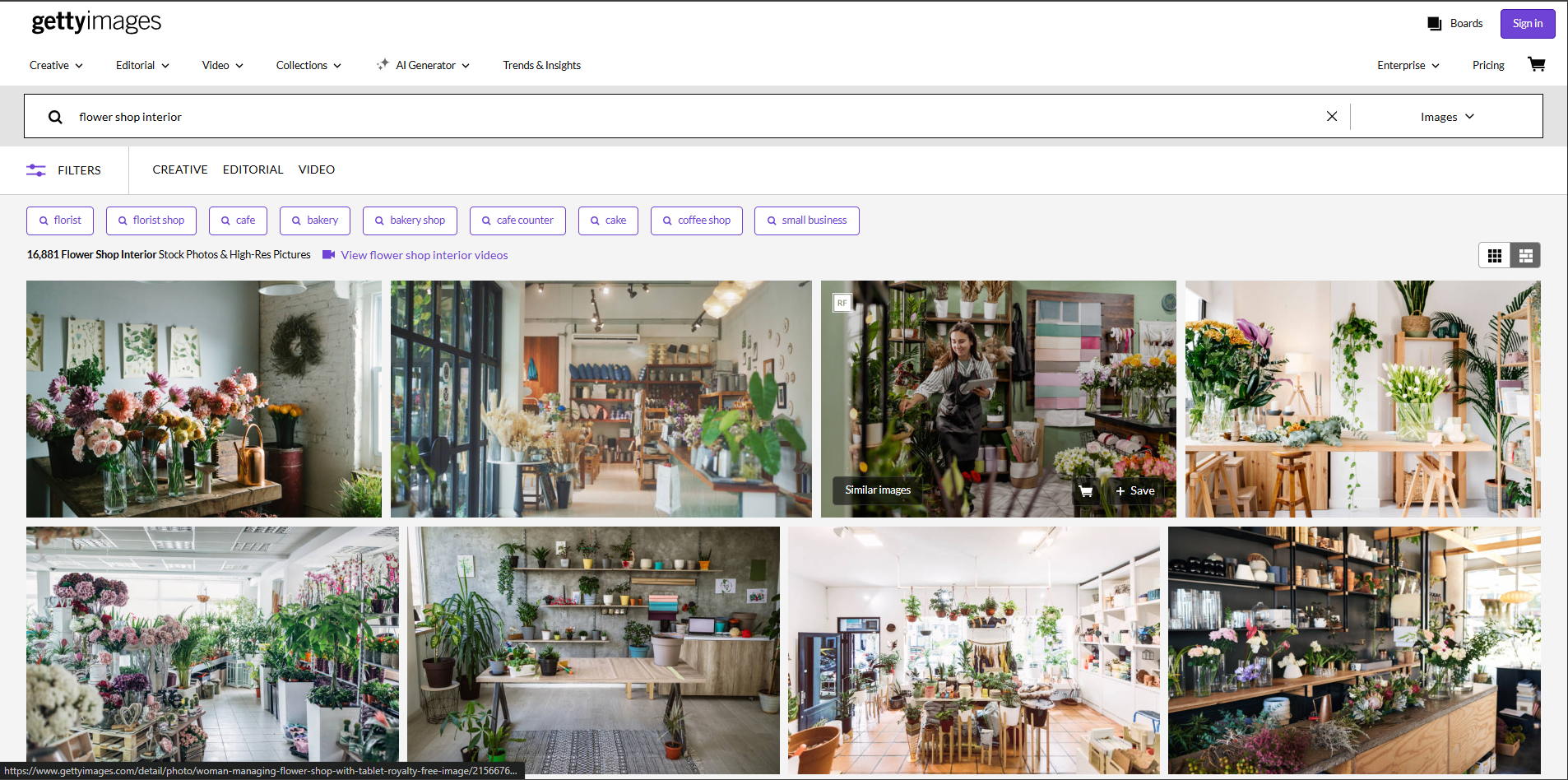 Interface of Getty Images - an online place to find flower shop interior design pictures