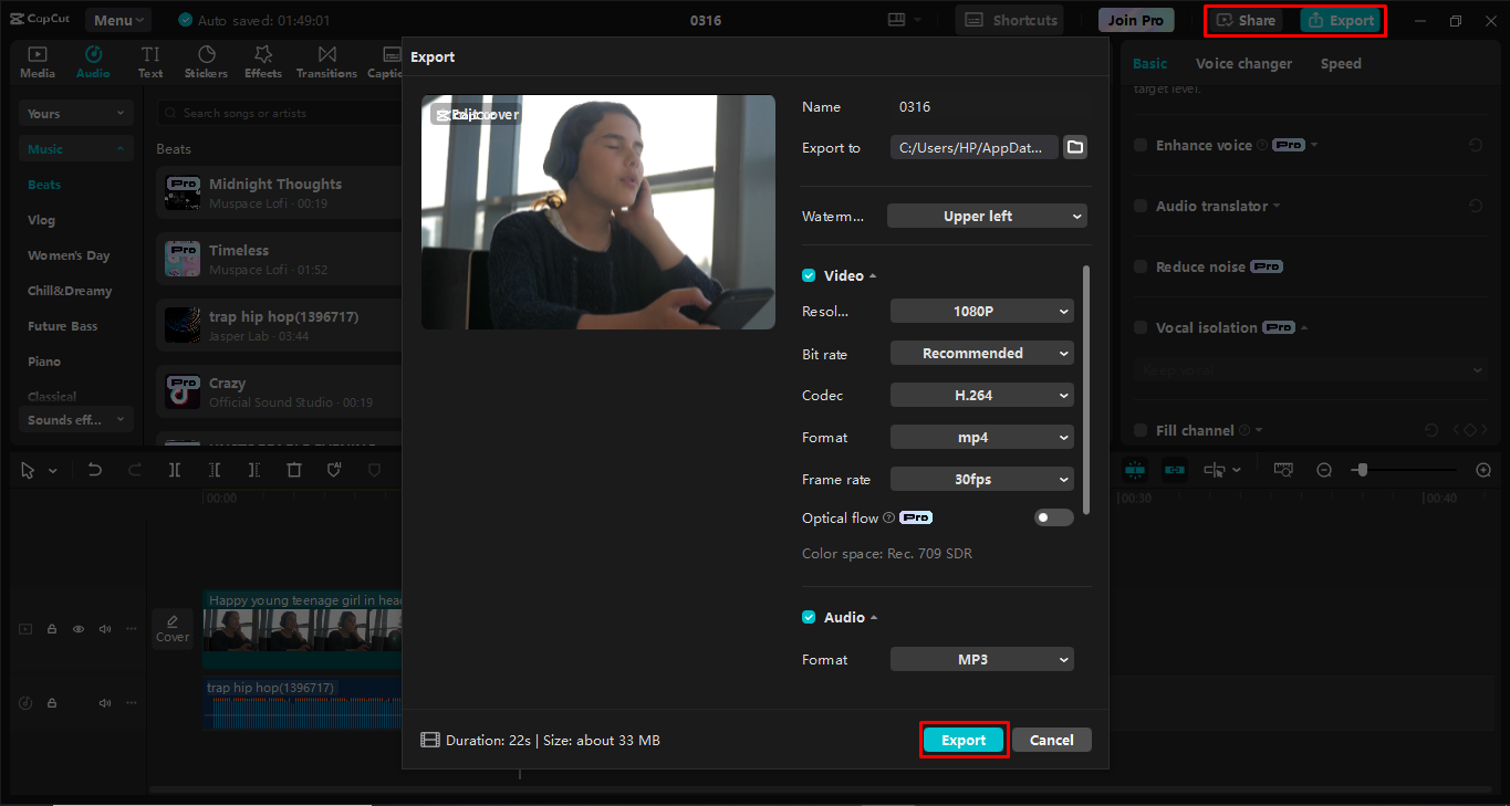 Exporting video from the CapCut desktop video editor