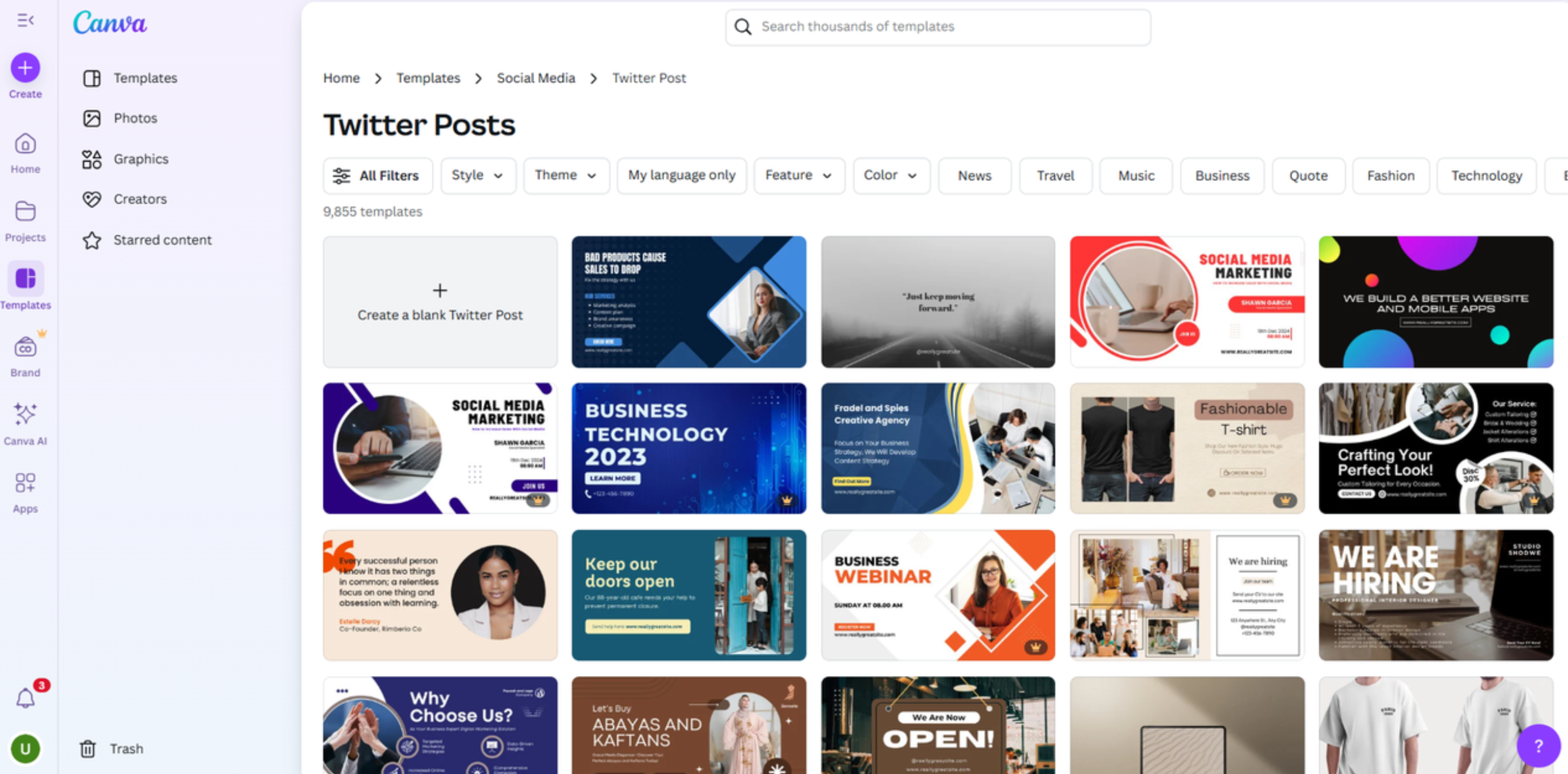 Interface of Canva - the best place to find Twitter post templates