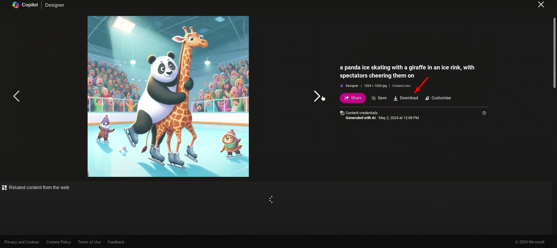 Downloading and sharing the image from the Bing image creator