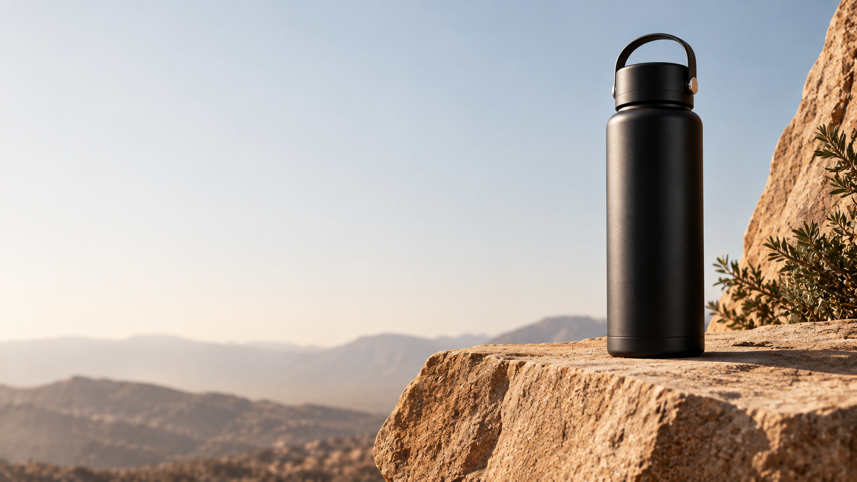 Matte black thermos on sandstone block