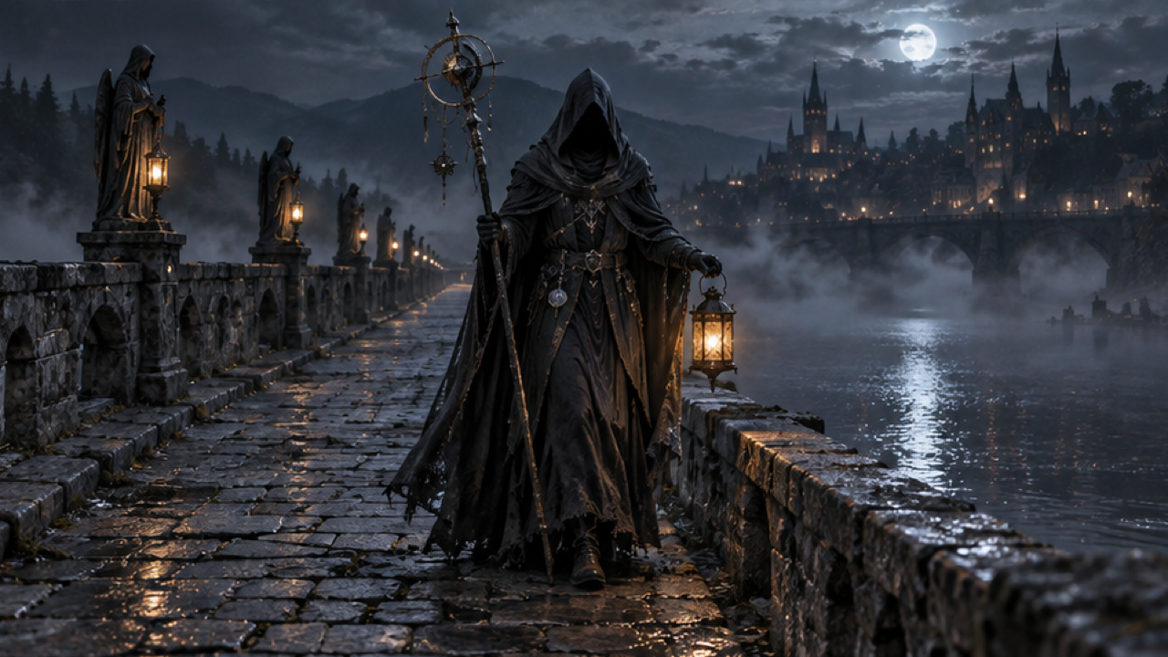 A hooded figure carrying a warm lantern and long ornamental staff, misty stone bridge, midnight river, no violence
