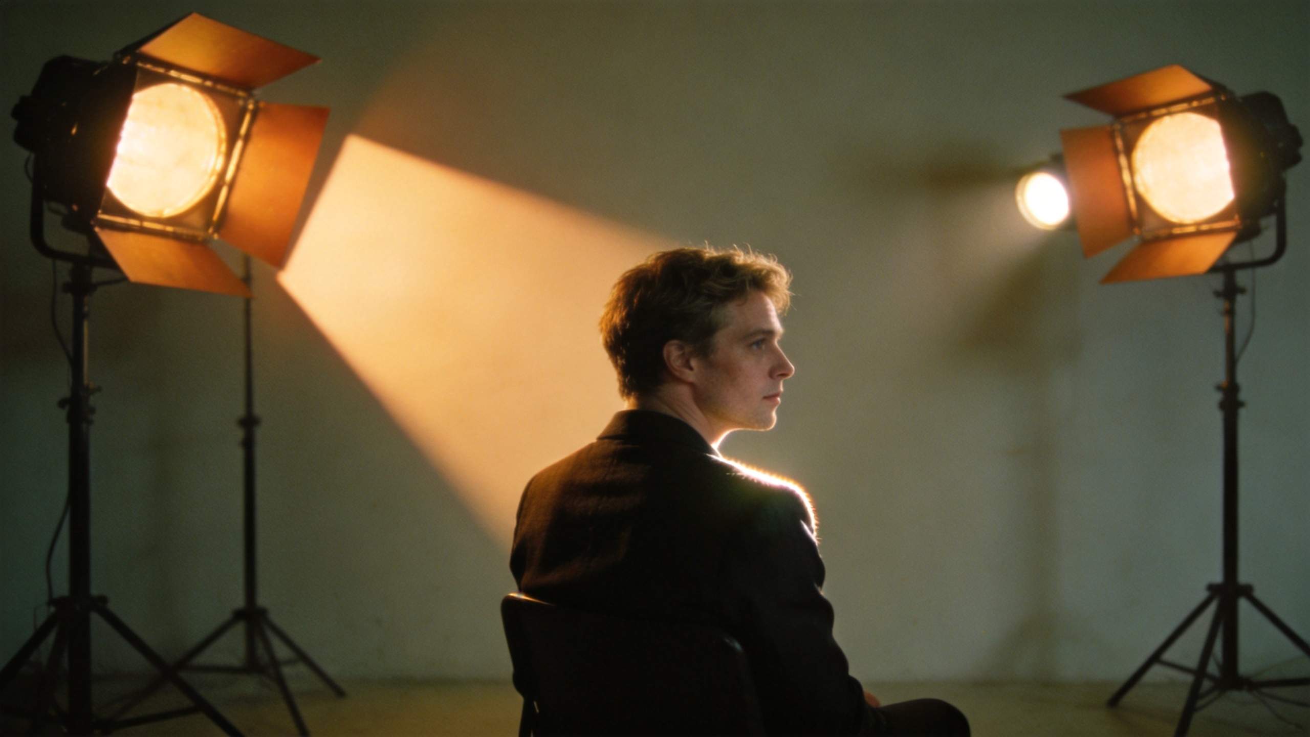 Man seated between two studio lights, with a bright beam of light on the wall behind him