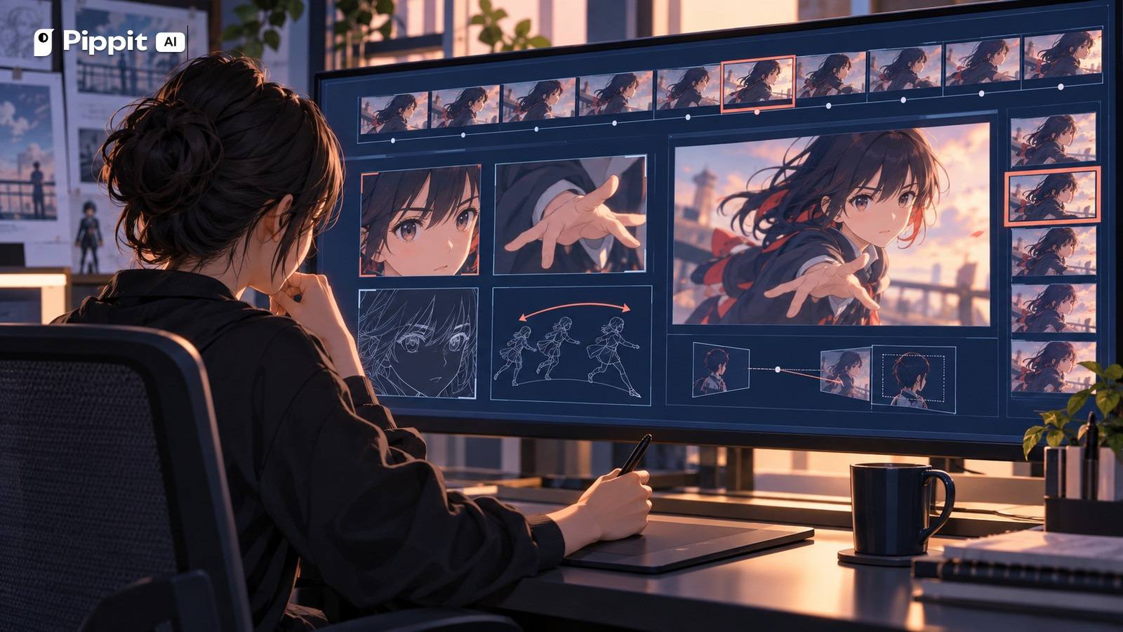 A creator reviews consistent anime frames, hand anatomy, motion arcs, and camera continuity.