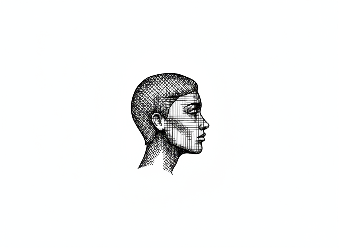 Logo AI avataru s křížovým stínováním černým inkoustem, vyčištěné pozadí, ostré hrany.