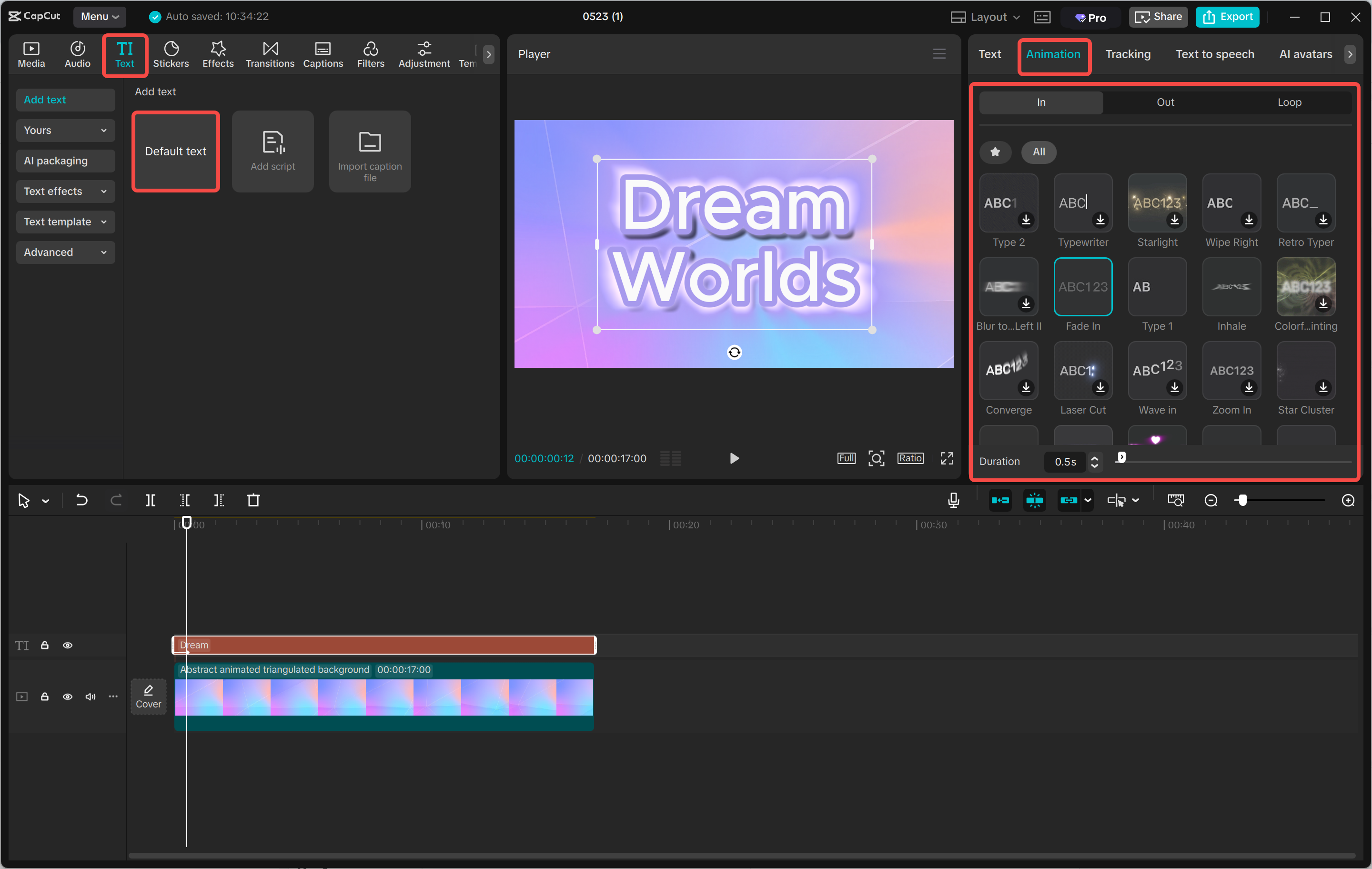 Applying animated text effect to captions in CapCut